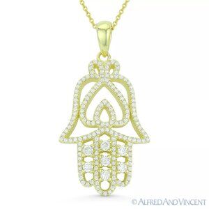 Hamsa Hand & Spade Evil Eye Charm CZ Crystal Pendant in .925 Sterling Silver YG